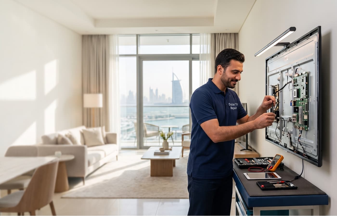 Dubai TV Repair master technician repairing 4K Smart TV on technical bench