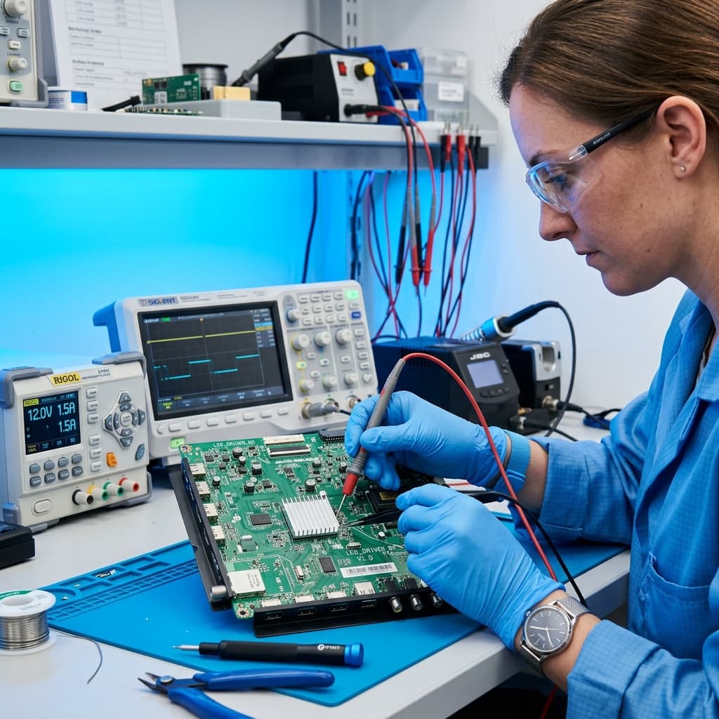 Dubai TV Repair certified technician diagnosing circuit board with high precision